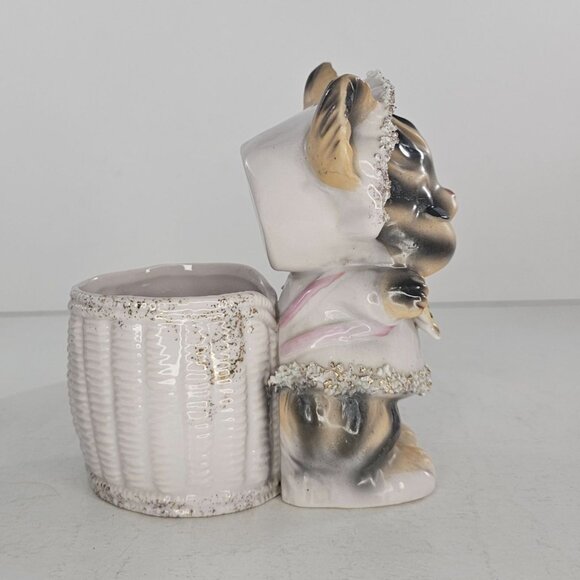 Vintage 1950s Anthropomorphic Striped Kitty Cat Planter Lashes Spaghetti Trim - Picture 6 of 10